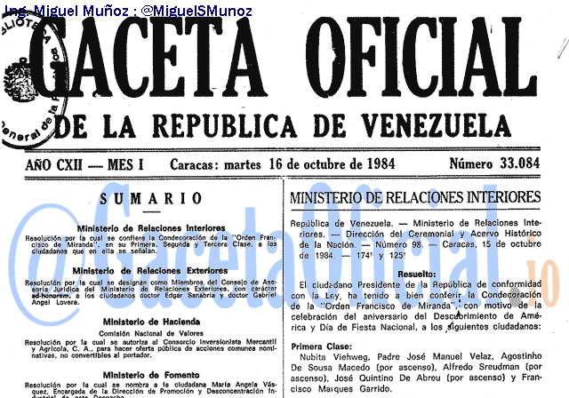 Gaceta Oficial 33084 del 16 Octubre 1984