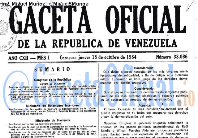 Gaceta Oficial 33086 del 18 Octubre 1984