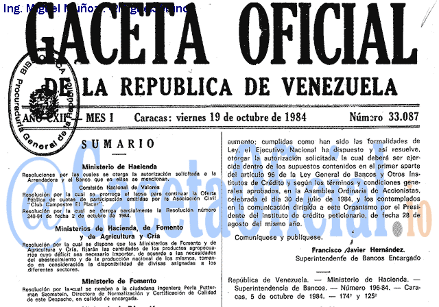 Gaceta Oficial 33087 del 19 Octubre 1984
