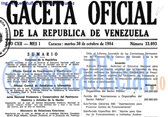 Gaceta Oficial 33093 del 30 Octubre 1984