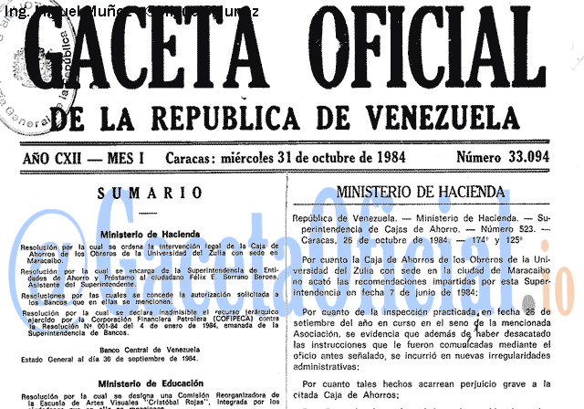Gaceta Oficial 33094 del 31 Octubre 1984