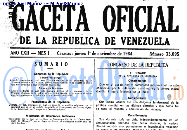 Gaceta Oficial 33095 del 1 Noviembre 1984