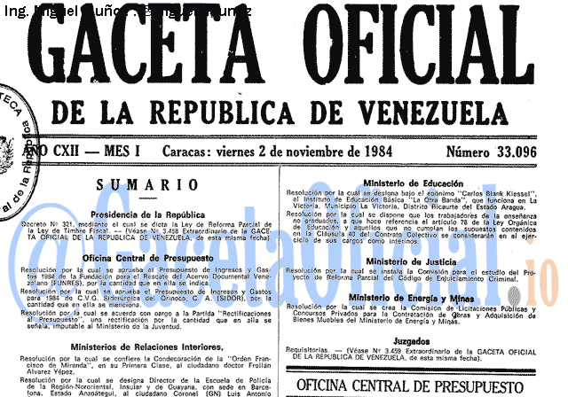 Gaceta Oficial 33096 del 2 Noviembre 1984