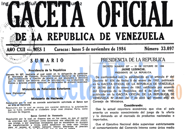 Gaceta Oficial 33097 del 5 Noviembre 1984