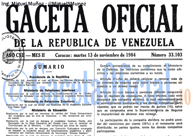 Gaceta Oficial 33103 del 13 Noviembre 1984