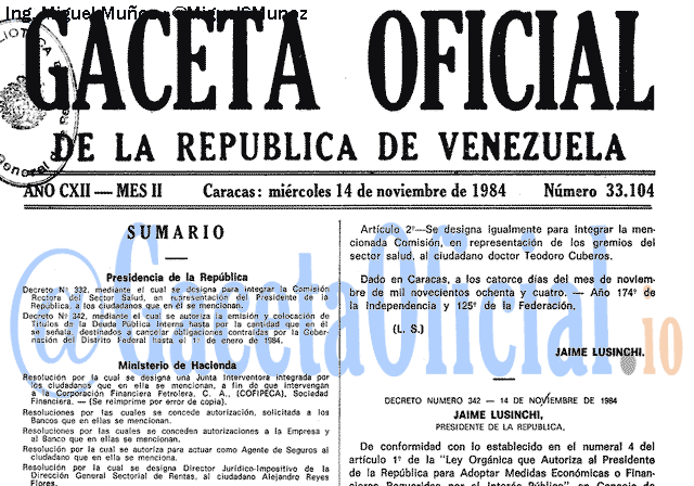 Gaceta Oficial 33104 del 14 Noviembre 1984