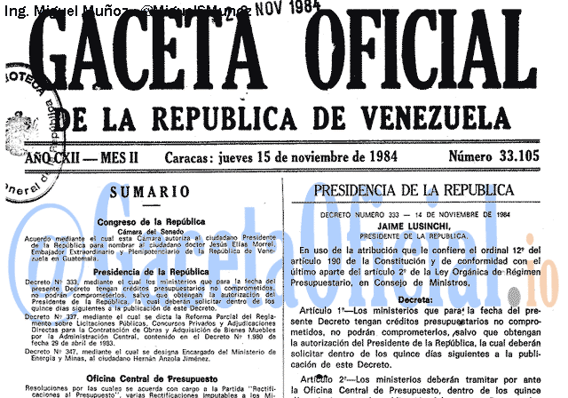 Gaceta Oficial 33105 del 15 Noviembre 1984