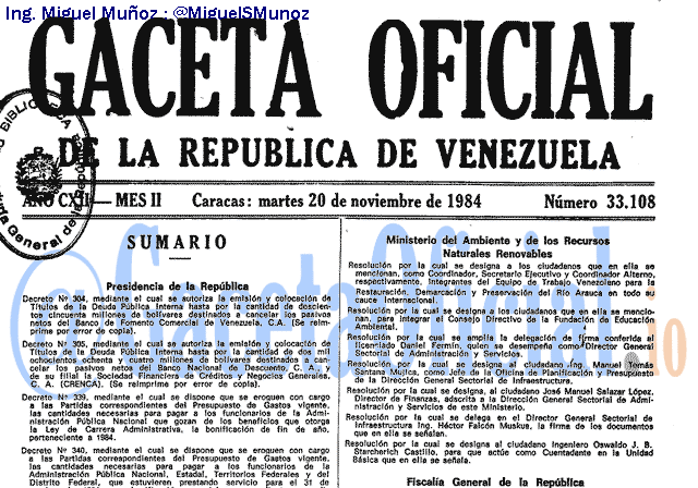 Gaceta Oficial 33108 del 20 Noviembre 1984