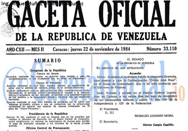 Gaceta Oficial 33110 del 22 Noviembre 1984
