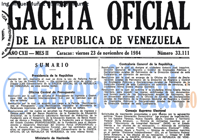 Gaceta Oficial 33111 del 23 Noviembre 1984