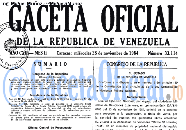 Gaceta Oficial 33114 del 28 Noviembre 1984