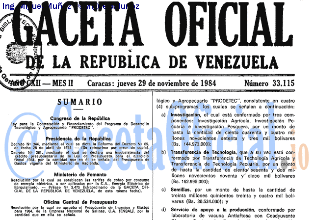 Gaceta Oficial 33115 del 29 Noviembre 1984