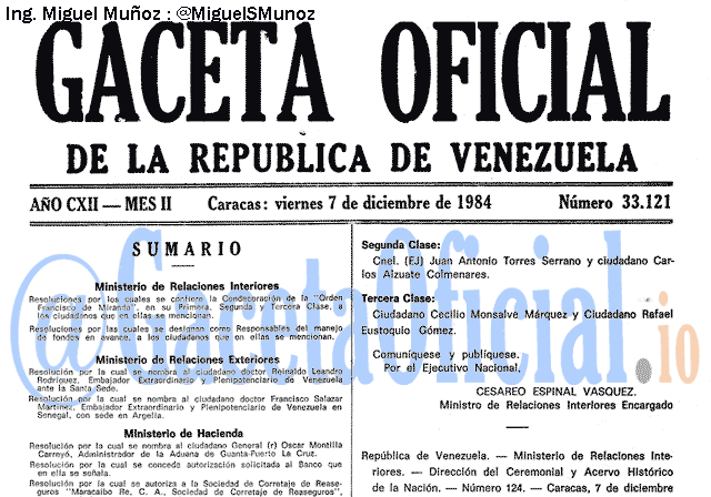 Gaceta Oficial 33121 del 7 Diciembre 1984