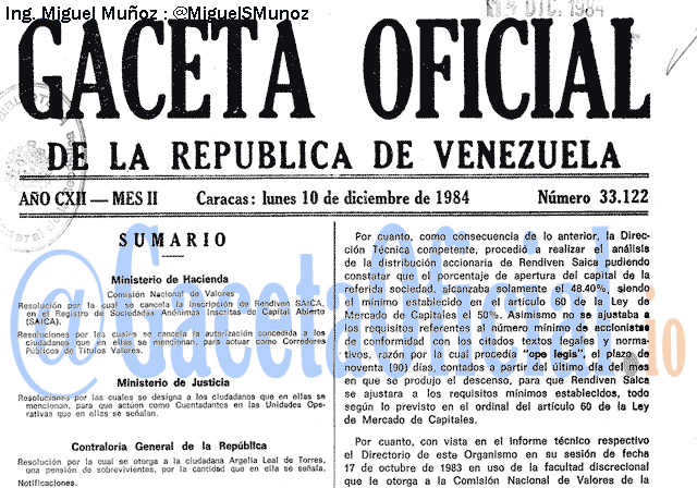 Gaceta Oficial 33122 del 10 Diciembre 1984