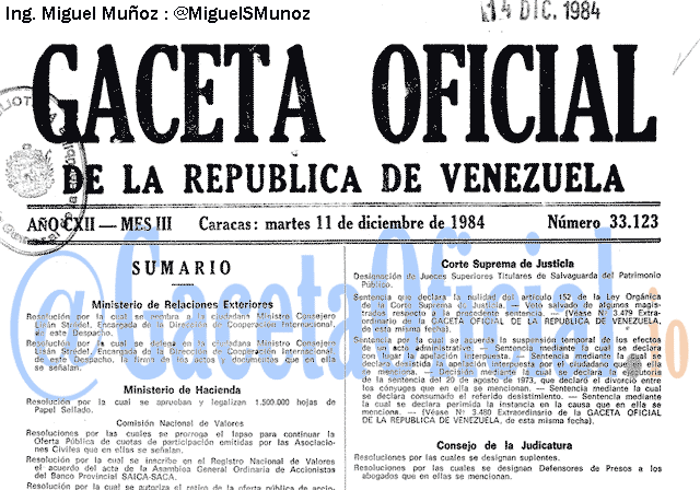 Gaceta Oficial 33123 del 11 Diciembre 1984