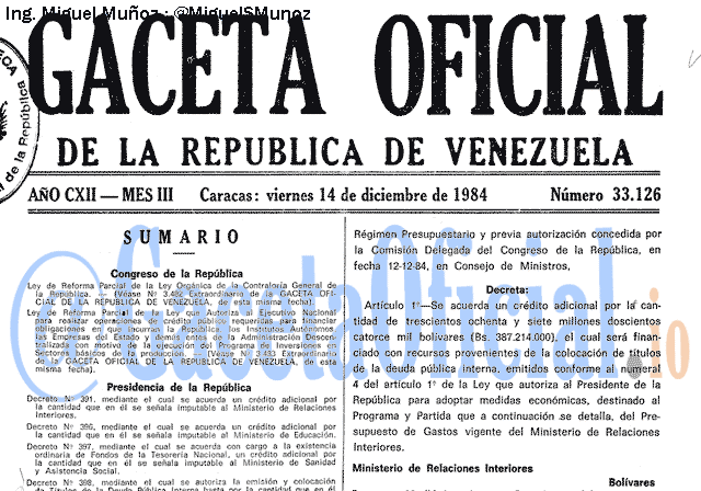 Gaceta Oficial 33126 del 14 Diciembre 1984