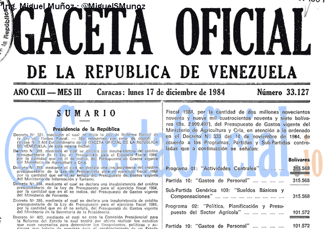 Gaceta Oficial 33127 del 17 Diciembre 1984