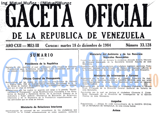 Gaceta Oficial 33128 del 18 Diciembre 1984