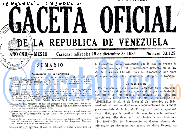 Gaceta Oficial 33129 del 19 Diciembre 1984