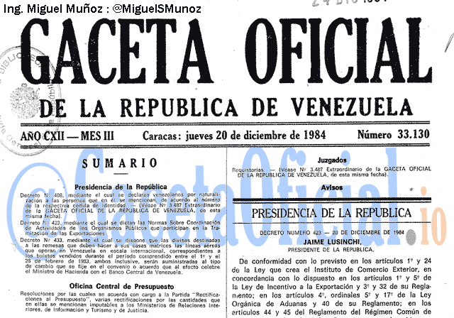 Gaceta Oficial 33130 del 20 Diciembre 1984