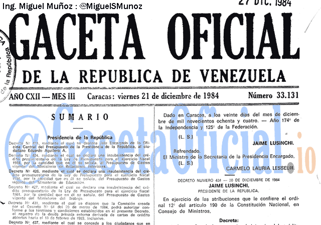 Gaceta Oficial 33131 del 21 Diciembre 1984