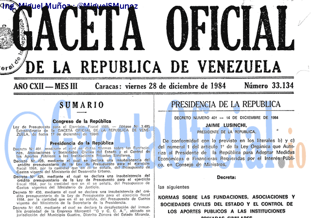Gaceta Oficial 33134 del 28 Diciembre 1984