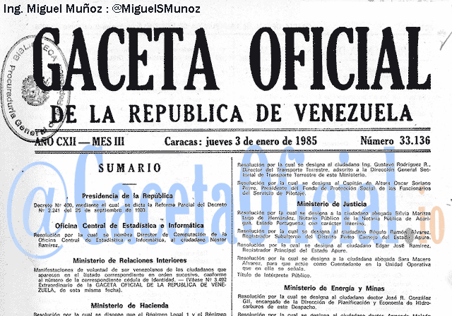 Gaceta Oficial 33136 del 3 Enero 1985