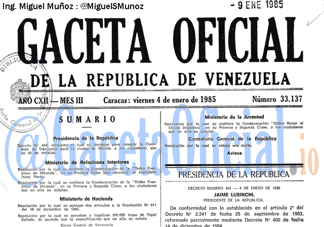 Gaceta Oficial 33137 del 4 Enero 1985