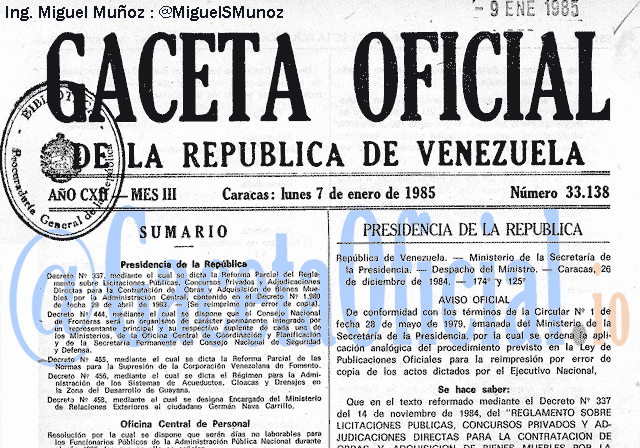 Gaceta Oficial 33138 del 7 Enero 1985