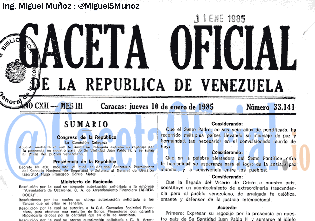 Gaceta Oficial 33141 del 10 Enero 1985