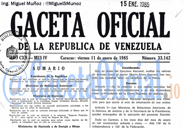 Gaceta Oficial 33142 del 11 Enero 1985