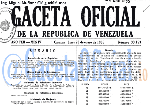 Gaceta Oficial 33153 del 28 Enero 1985