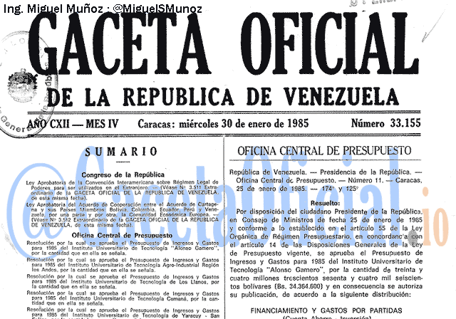 Gaceta Oficial 33155 del 30 Enero 1985