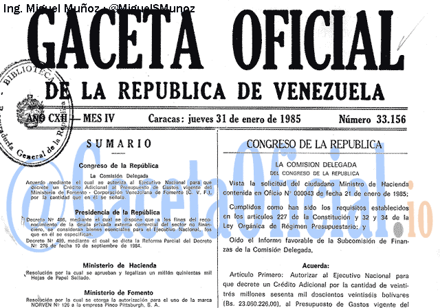 Gaceta Oficial 33156 del 31 Enero 1985