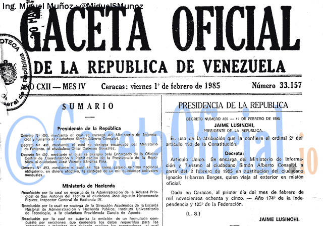Gaceta Oficial 33157 del 1 Febrero 1985