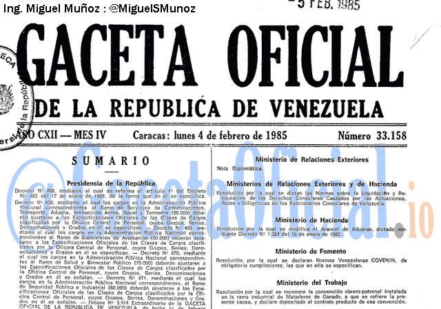 Gaceta Oficial 33158 del 4 Febrero 1985