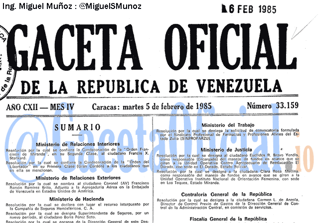 Gaceta Oficial 33159 del 5 Febrero 1985