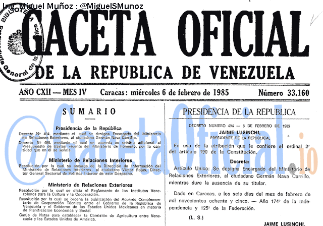 Gaceta Oficial 33160 del 6 Febrero 1985