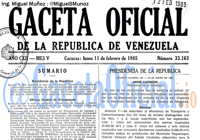 Gaceta Oficial 33163 del 11 Febrero 1985