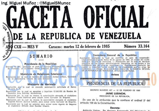 Gaceta Oficial 33164 del 12 Febrero 1985