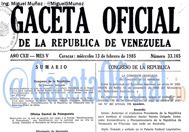 Gaceta Oficial 33165 del 13 Febrero 1985