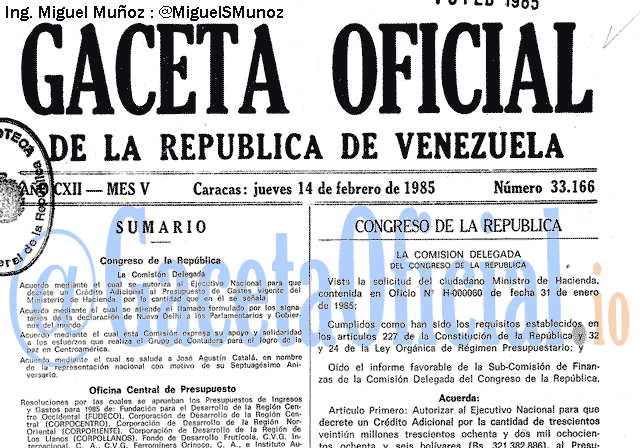 Gaceta Oficial 33166 del 14 Febrero 1985