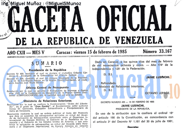 Gaceta Oficial 33167 del 15 Febrero 1985