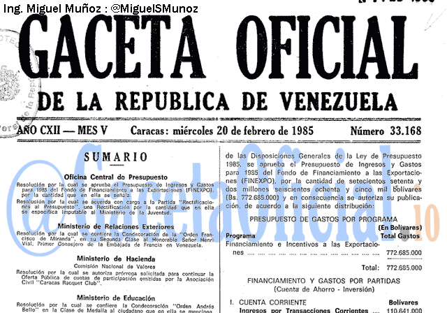 Gaceta Oficial 33168 del 20 Febrero 1985