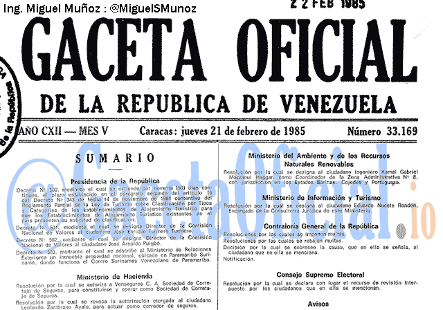 Gaceta Oficial 33169 del 21 Febrero 1985