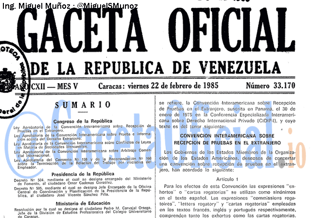 Gaceta Oficial 33170 del 22 Febrero 1985