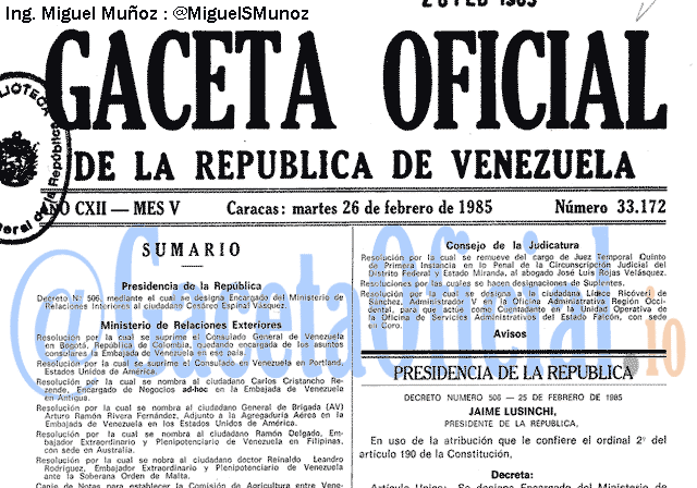 Gaceta Oficial 33172 del 26 Febrero 1985