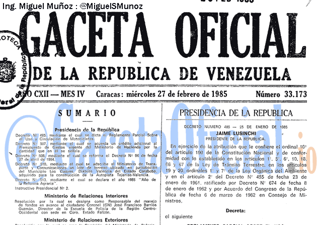 Gaceta Oficial 33173 del 27 Febrero 1985