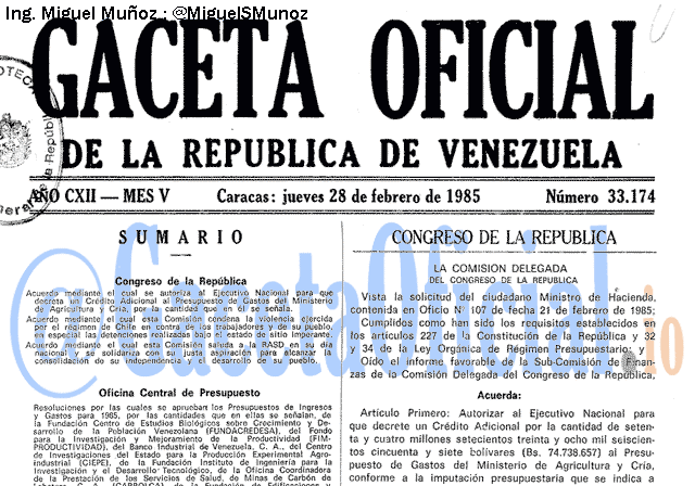 Gaceta Oficial 33174 del 28 Febrero 1985