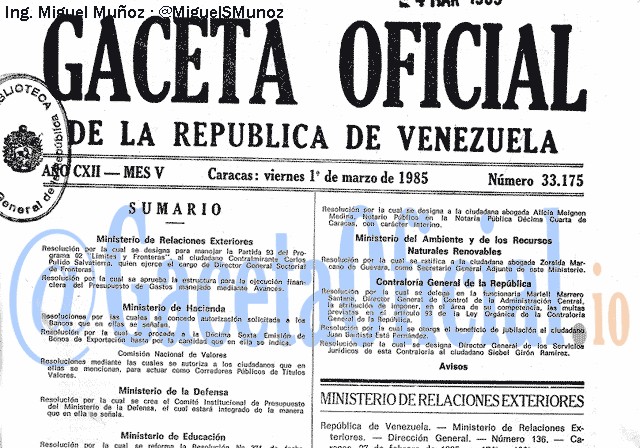Gaceta Oficial 33175 del 1 Marzo 1985